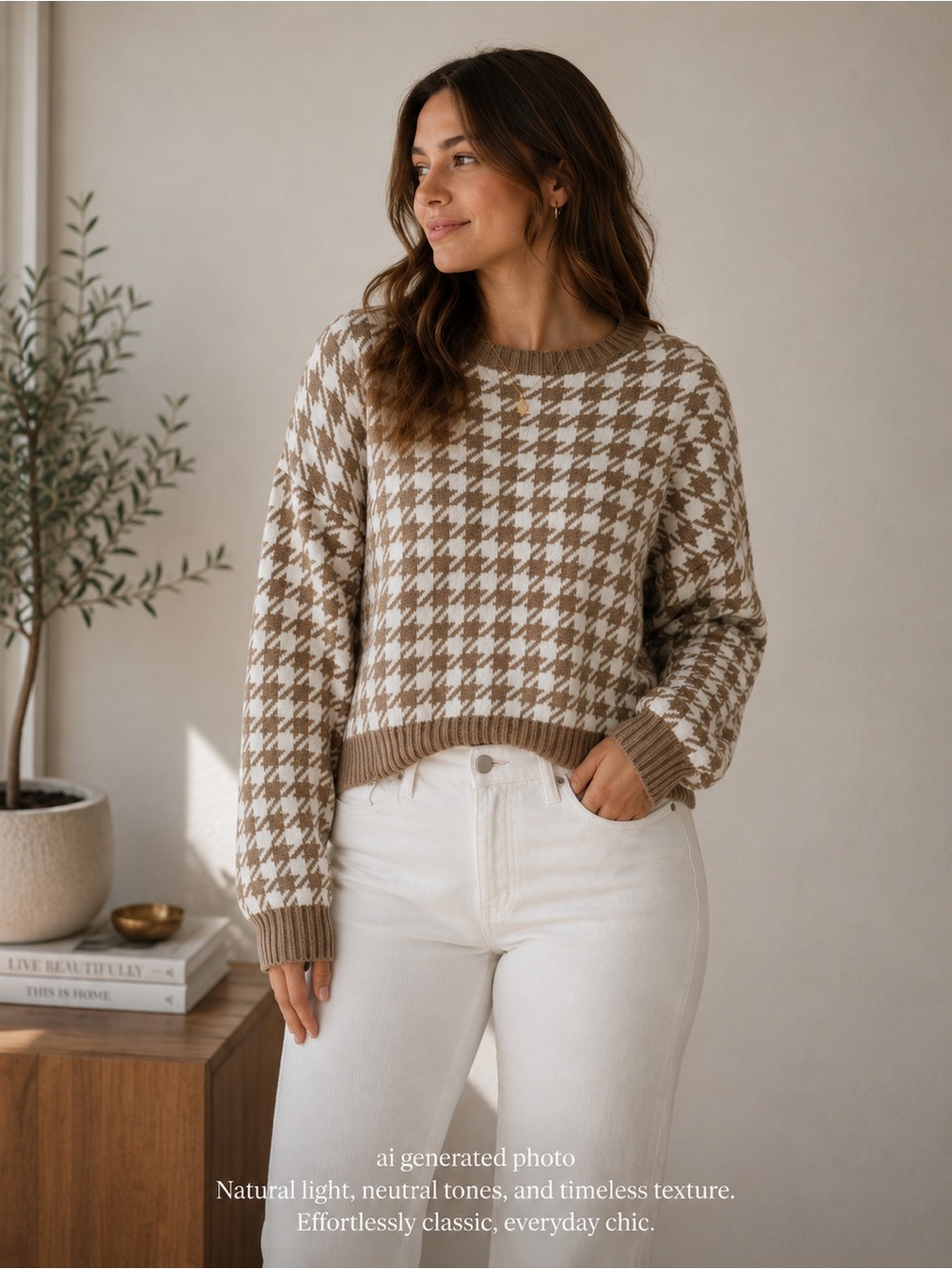 Hollister Tan and White Houndstooth Sweater